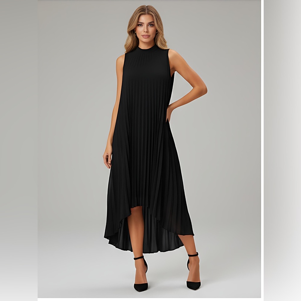 Black High Low Hem Pleated Swing Dress